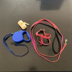 Retracting dog leash, regular dog leash, poo bag holder, and dog harness